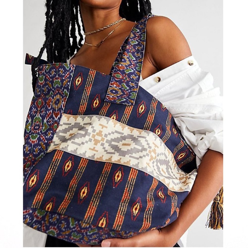 Free People Navy Multicolor Patterned Tote Bag